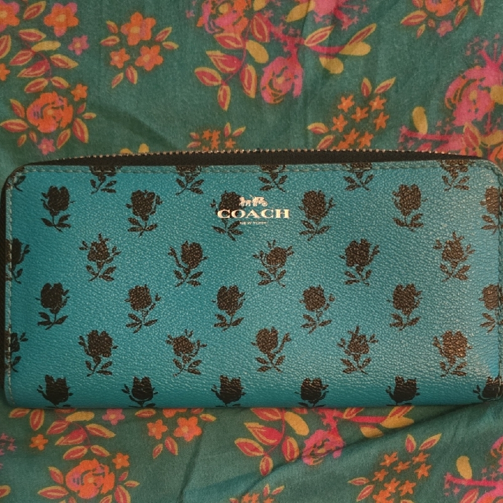 Coach Teal & Black Wallet with Floral Design